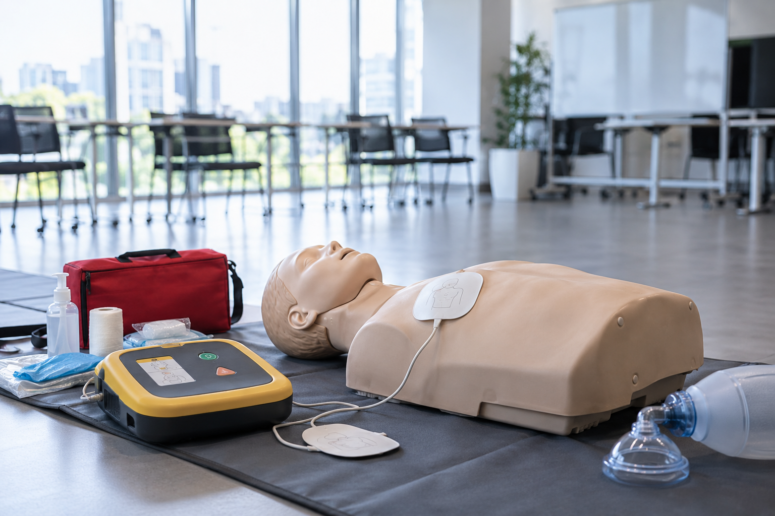 CPR training manikin, AED trainer and first aid practice equipment